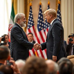 A historic moment capturing the handshake between the Presidents of Iran and the United States, set against a diplomatic backdrop