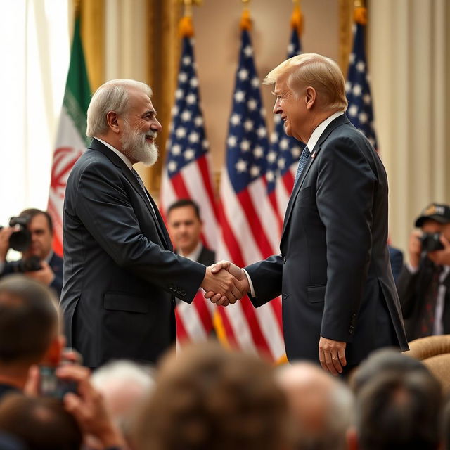 A historic moment capturing the handshake between the Presidents of Iran and the United States, set against a diplomatic backdrop