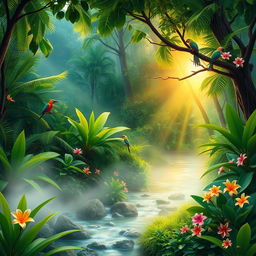 A serene jungle landscape at sunrise, vibrant green foliage and tropical plants, soft rays of sunlight filtering through the trees, a gentle stream flowing through, colorful exotic birds perched on branches, lush flowers in bloom, a sense of tranquility and peace, with a misty atmosphere, perfect for a calming nature scene