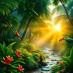 A serene jungle landscape at sunrise, vibrant green foliage and tropical plants, soft rays of sunlight filtering through the trees, a gentle stream flowing through, colorful exotic birds perched on branches, lush flowers in bloom, a sense of tranquility and peace, with a misty atmosphere, perfect for a calming nature scene
