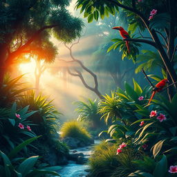 A serene jungle landscape at sunrise, vibrant green foliage and tropical plants, soft rays of sunlight filtering through the trees, a gentle stream flowing through, colorful exotic birds perched on branches, lush flowers in bloom, a sense of tranquility and peace, with a misty atmosphere, perfect for a calming nature scene