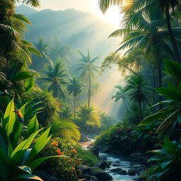 A serene jungle landscape at sunrise, vibrant green foliage and tropical plants, soft rays of sunlight filtering through the trees, a gentle stream flowing through, colorful exotic birds perched on branches, lush flowers in bloom, a sense of tranquility and peace, with a misty atmosphere, perfect for a calming nature scene