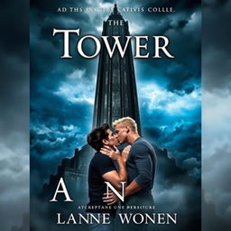 A fantasy book cover featuring a tall, imposing tower in the background, surrounded by dark storm clouds that create an ominous atmosphere