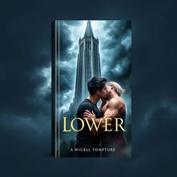 A fantasy book cover featuring a tall, imposing tower in the background, surrounded by dark storm clouds that create an ominous atmosphere