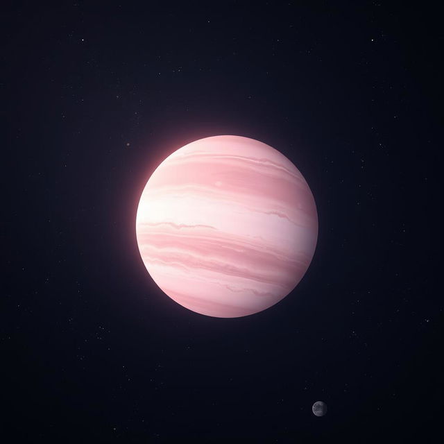 A beautiful, pale pink planet floating in deep space, surrounded by stars and cosmic dust