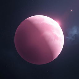 A beautiful, pale pink planet floating in deep space, surrounded by stars and cosmic dust