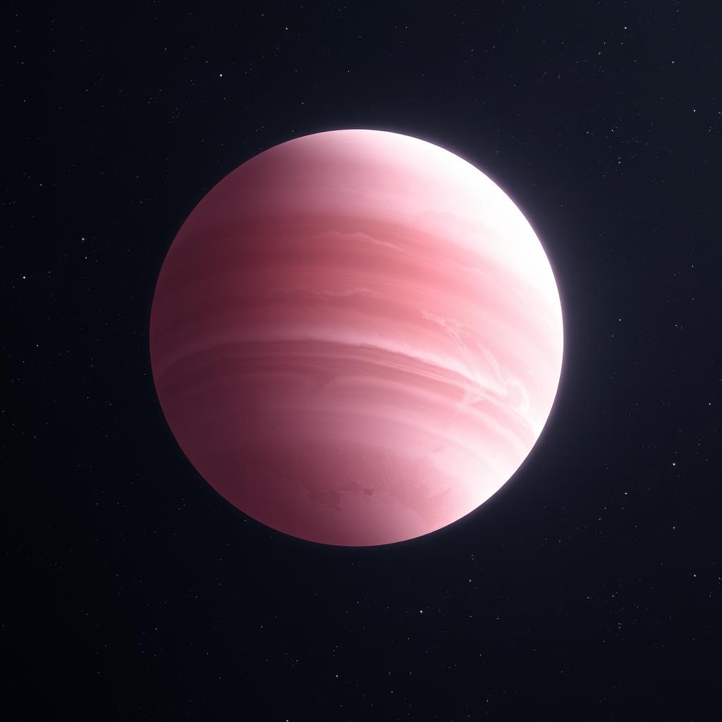 A beautiful, pale pink planet floating in deep space, surrounded by stars and cosmic dust