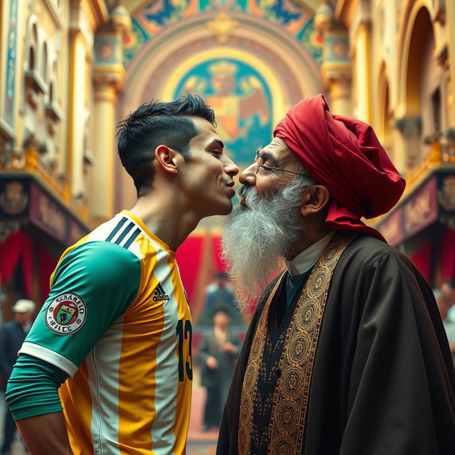 A surreal and imaginative scene of a fictional meeting between Cristiano Ronaldo, a famous football player, and a historical figure resembling a highly stylized version of Khomeini