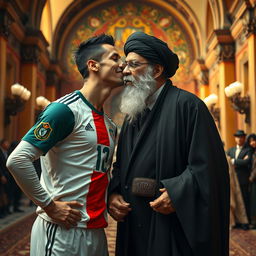 A surreal and imaginative scene of a fictional meeting between Cristiano Ronaldo, a famous football player, and a historical figure resembling a highly stylized version of Khomeini
