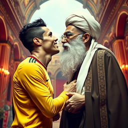 A surreal and imaginative scene of a fictional meeting between Cristiano Ronaldo, a famous football player, and a historical figure resembling a highly stylized version of Khomeini