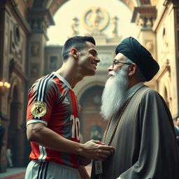 A surreal and imaginative scene of a fictional meeting between Cristiano Ronaldo, a famous football player, and a historical figure resembling a highly stylized version of Khomeini