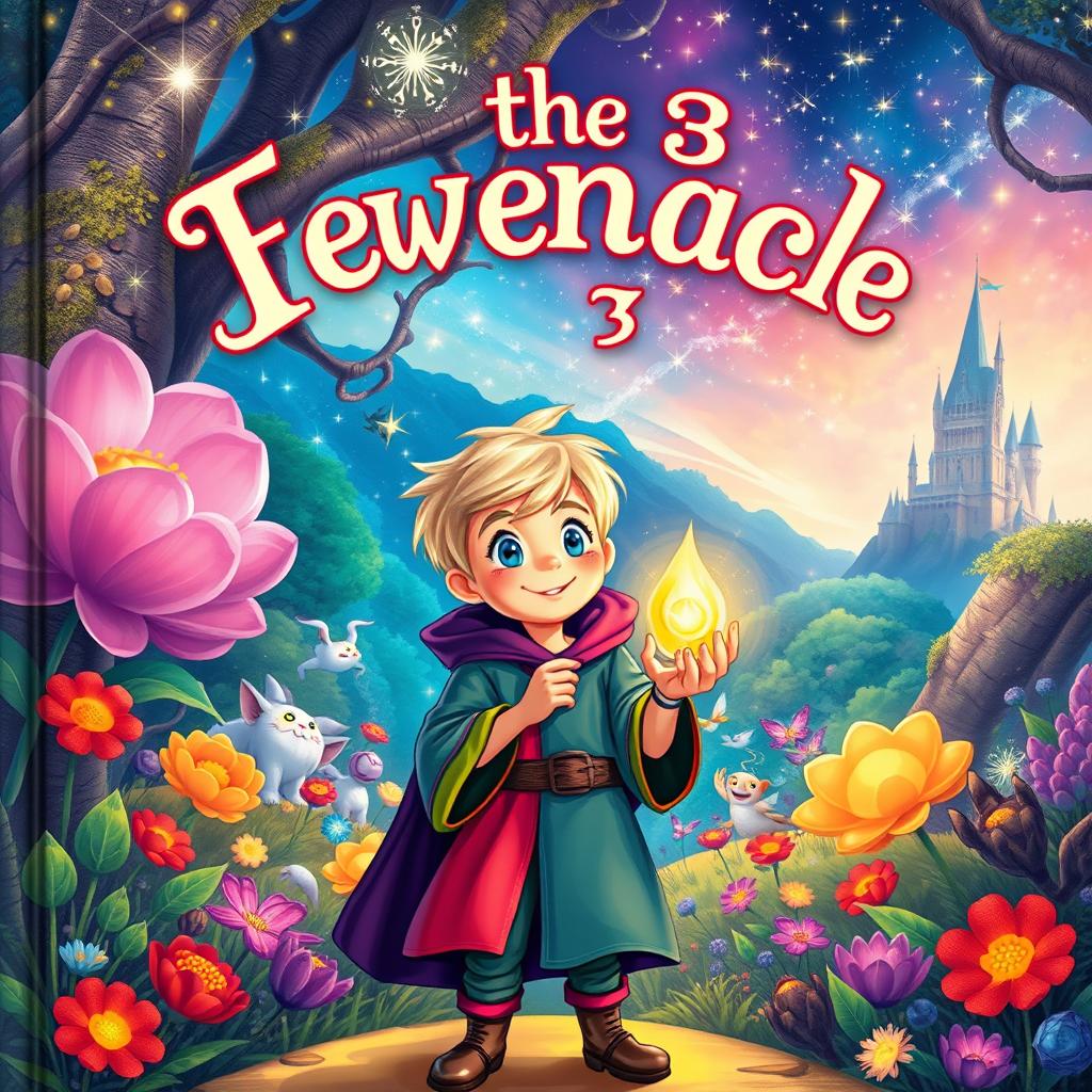 A vibrant and enchanting book cover illustration featuring a young blonde Dutch boy, around 10 years old, standing in a magical world filled with whimsical creatures and sparkling landscapes