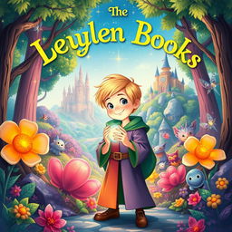 A vibrant and enchanting book cover illustration featuring a young blonde Dutch boy, around 10 years old, standing in a magical world filled with whimsical creatures and sparkling landscapes