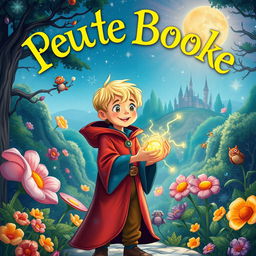 A vibrant and enchanting book cover illustration featuring a young blonde Dutch boy, around 10 years old, standing in a magical world filled with whimsical creatures and sparkling landscapes