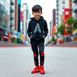 A stylish young boy wearing a black hoodie featuring a bold letter 'A' in the middle design