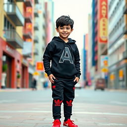 A stylish young boy wearing a black hoodie featuring a bold letter 'A' in the middle design