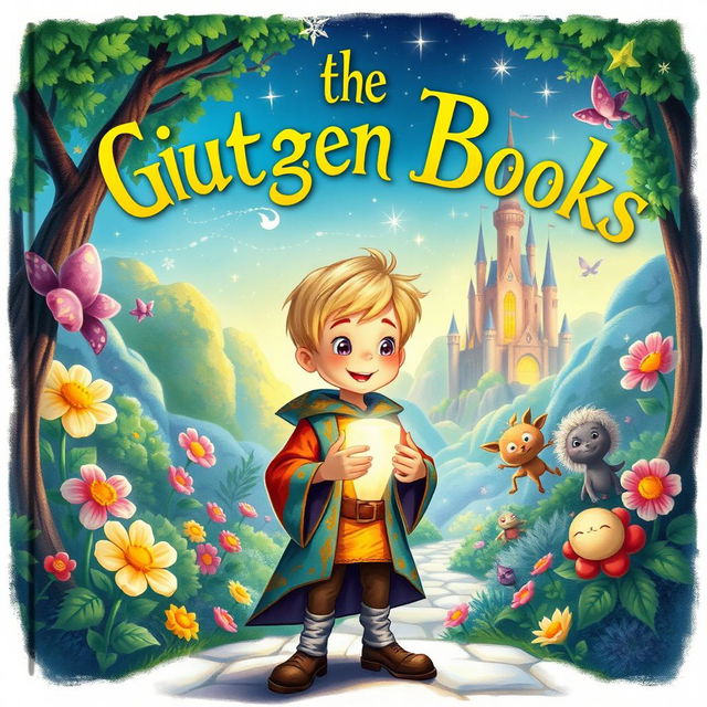 A vibrant and enchanting book cover illustration featuring a young blonde Dutch boy, around 10 years old, standing in a magical world filled with whimsical creatures and sparkling landscapes