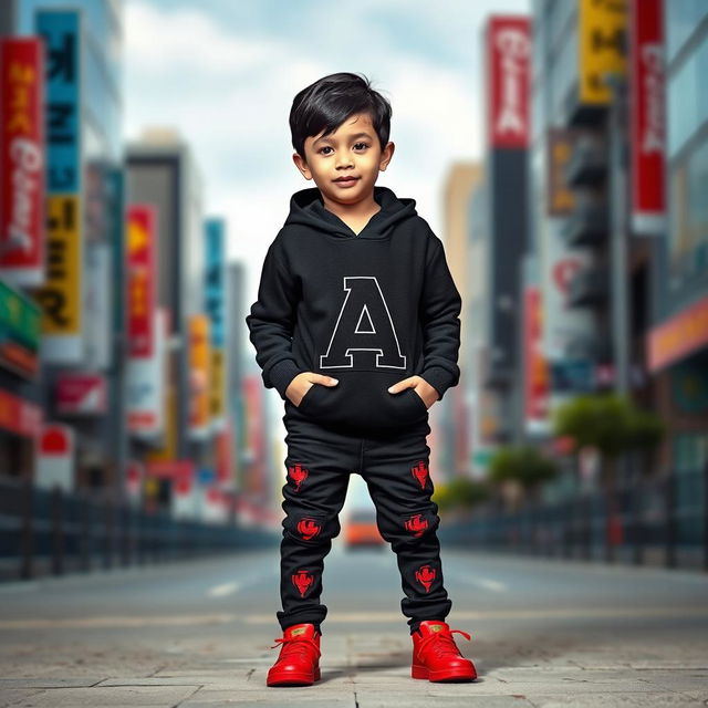 A stylish young boy wearing a black hoodie featuring a bold letter 'A' in the middle design