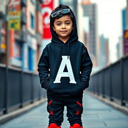 A stylish young boy wearing a black hoodie featuring a bold letter 'A' in the middle design