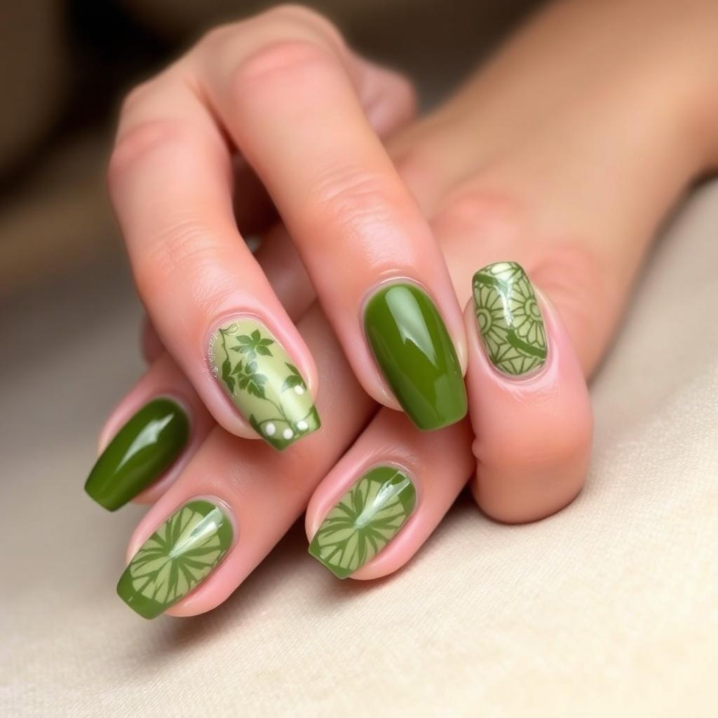 Beautifully designed olive green nail art with intricate patterns, including geometric shapes and floral elements, showcasing a glossy finish