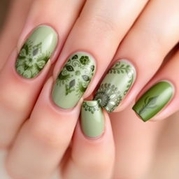 Beautifully designed olive green nail art with intricate patterns, including geometric shapes and floral elements, showcasing a glossy finish