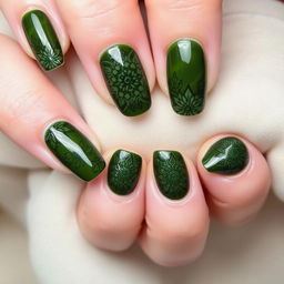 Beautifully designed olive green nail art with intricate patterns, including geometric shapes and floral elements, showcasing a glossy finish