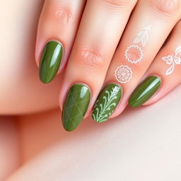 Beautifully designed olive green nail art with intricate patterns, including geometric shapes and floral elements, showcasing a glossy finish
