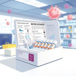 An illustrative and informative depiction of an infectious disease test kit, specifically the BCID2