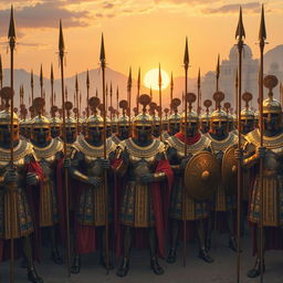 A grand scene depicting 10,000 armored soldiers of the Achaemenid Empire, showcasing their majestic attire and powerful presence