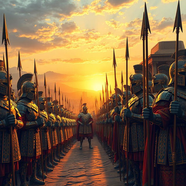 A grand scene depicting 10,000 armored soldiers of the Achaemenid Empire, showcasing their majestic attire and powerful presence