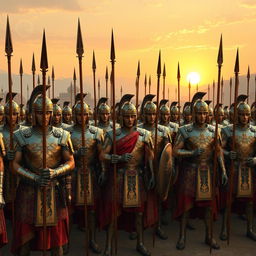 A grand scene depicting 10,000 armored soldiers of the Achaemenid Empire, showcasing their majestic attire and powerful presence