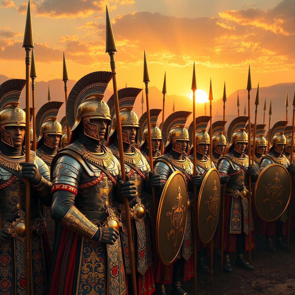 A grand scene depicting 10,000 armored soldiers of the Achaemenid Empire, showcasing their majestic attire and powerful presence