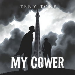 A fantasy book cover featuring a tall tower in the background, with the silhouettes of two men kissing in the foreground
