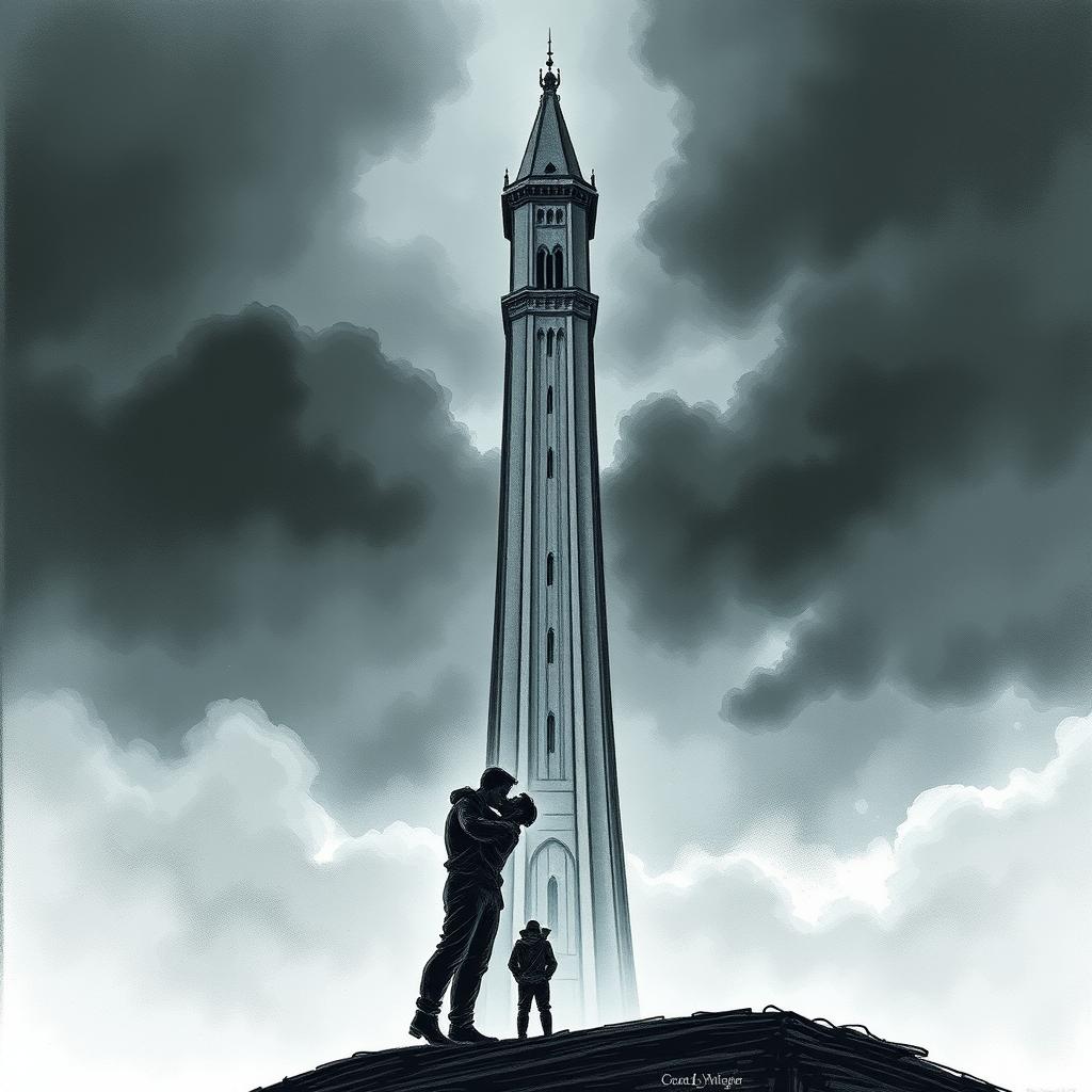 A fantasy book cover featuring a tall tower in the background, with the silhouettes of two men kissing in the foreground