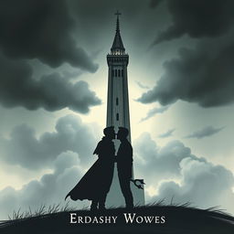 A fantasy book cover featuring a tall tower in the background, with the silhouettes of two men kissing in the foreground