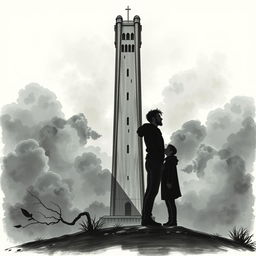 A fantasy book cover featuring a tall tower in the background, with the silhouettes of two men kissing in the foreground