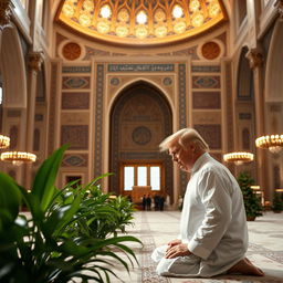 Donald Trump praying in a grand mosque, wearing traditional Islamic attire, with ornate Islamic architecture in the background