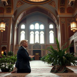 Donald Trump praying in a grand mosque, wearing traditional Islamic attire, with ornate Islamic architecture in the background