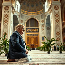Donald Trump praying in a grand mosque, wearing traditional Islamic attire, with ornate Islamic architecture in the background