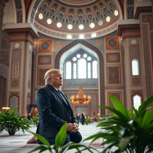 Donald Trump praying in a grand mosque, wearing traditional Islamic attire, with ornate Islamic architecture in the background