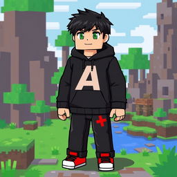 A Minecraft character designed as a boy wearing a black hoodie with the letter 'A' prominently displayed in the middle