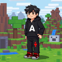 A Minecraft character designed as a boy wearing a black hoodie with the letter 'A' prominently displayed in the middle