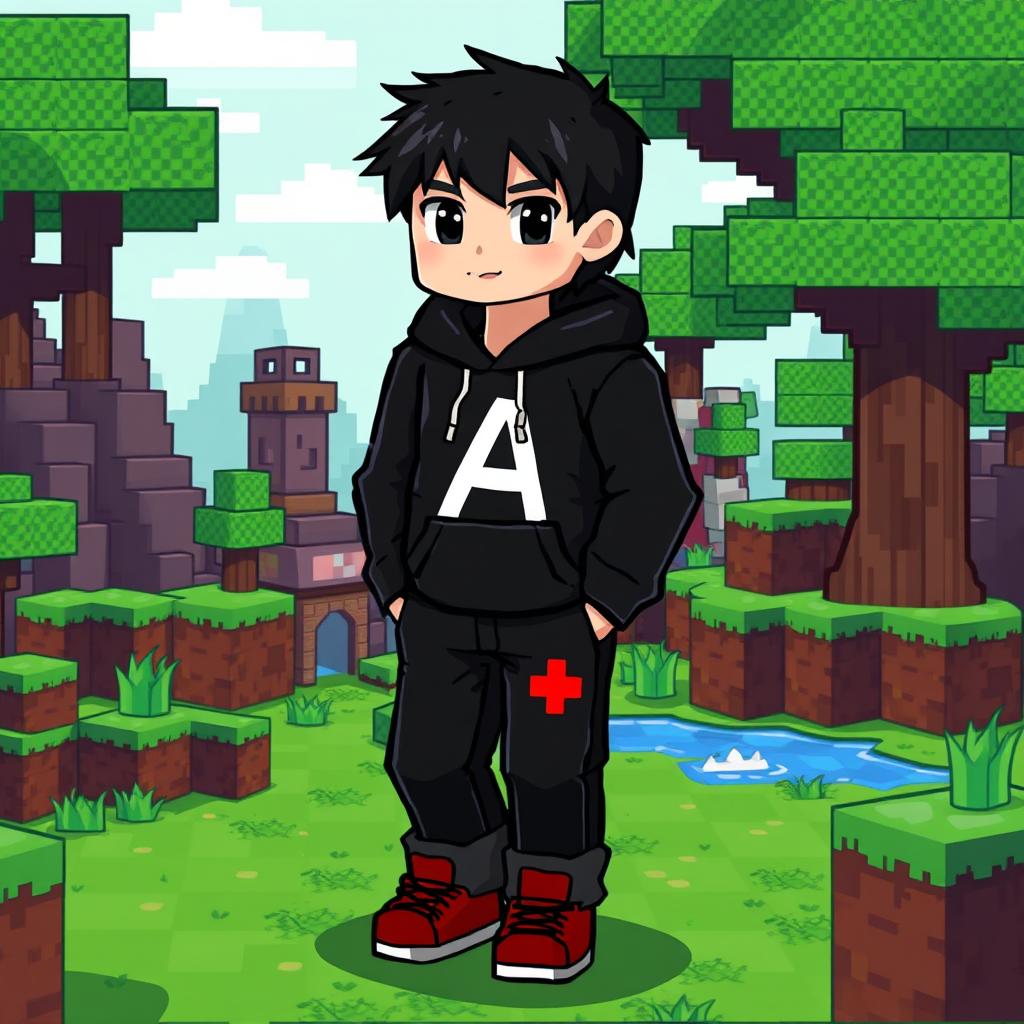 A Minecraft character designed as a boy wearing a black hoodie with the letter 'A' prominently displayed in the middle