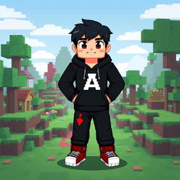 A Minecraft character designed as a boy wearing a black hoodie with the letter 'A' prominently displayed in the middle