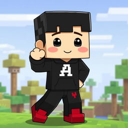 A cute Minecraft character resembling a boy with black hair, wearing a black hoodie with the letter 'A' prominently in the middle