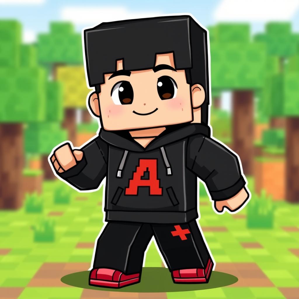 A cute Minecraft character resembling a boy with black hair, wearing a black hoodie with the letter 'A' prominently in the middle