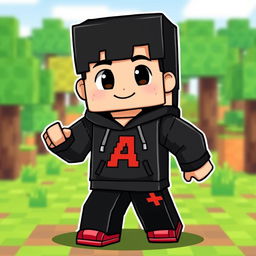 A cute Minecraft character resembling a boy with black hair, wearing a black hoodie with the letter 'A' prominently in the middle