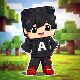 A cute Minecraft character resembling a boy with black hair, wearing a black hoodie with the letter 'A' prominently in the middle