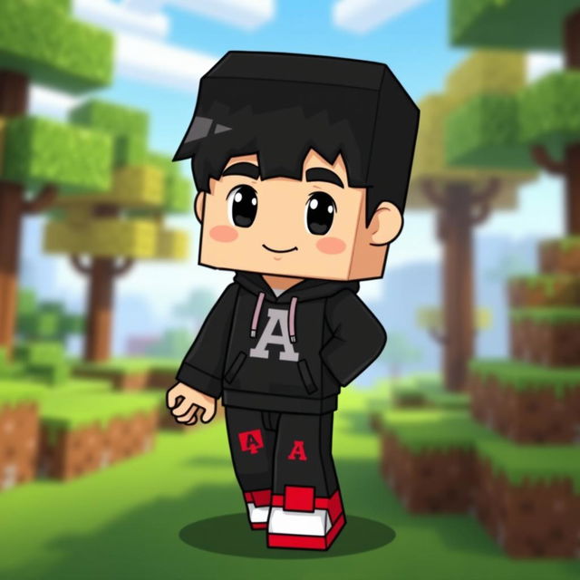 A cute Minecraft character resembling a boy with black hair, wearing a black hoodie with the letter 'A' prominently in the middle