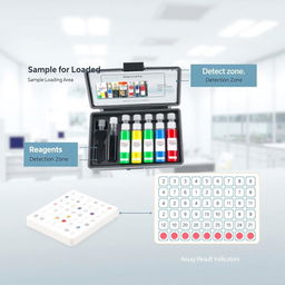 A detailed illustration of the Infectious Disease Test Kit BCID2, featuring distinct sections for Sample Loading Area, Reagents, and Detection Zone
